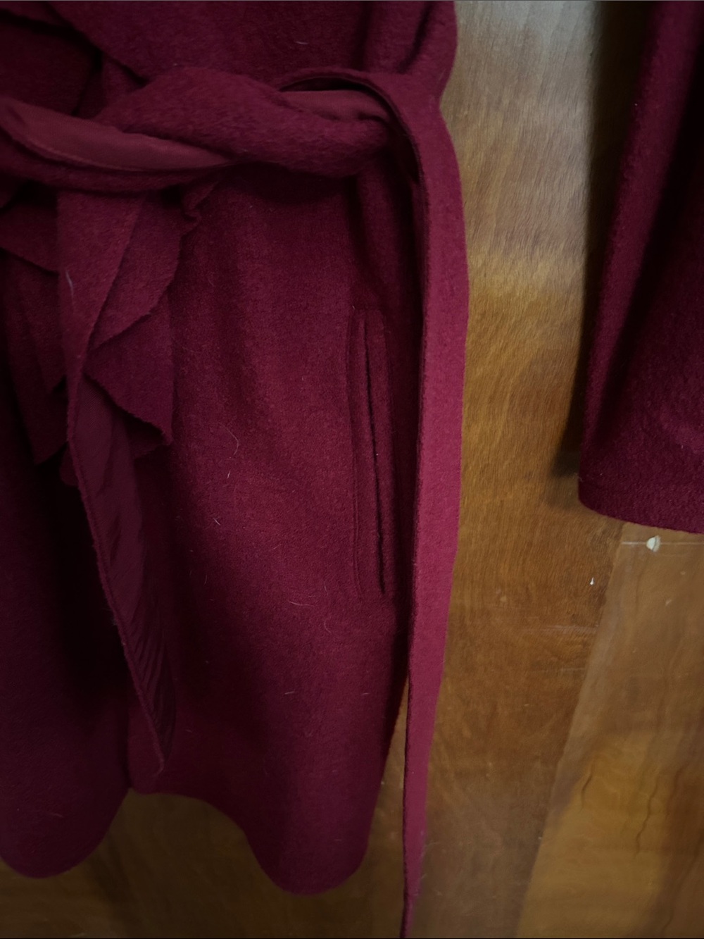 Women's Ruffle Wrap Coat- Deep Red - Picture 2 of 5